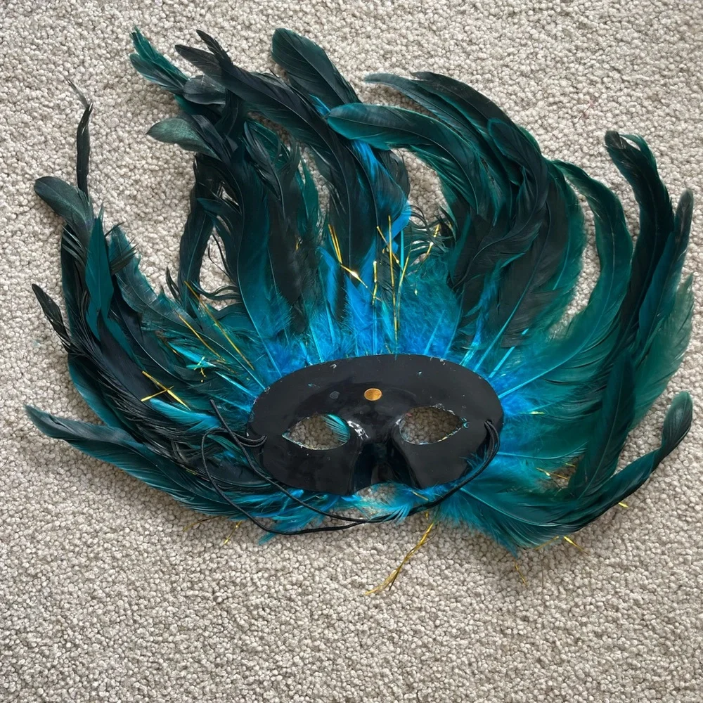 Vibrant Peacock Feather Masquerade Mask Teal Blue Gold